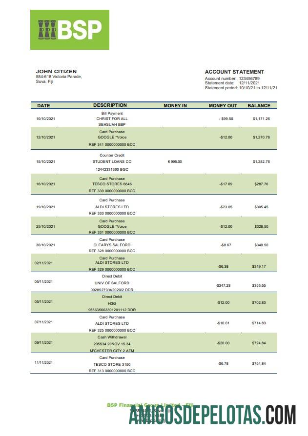 Fiji Bank Of South Pacific extrato bancário amostra